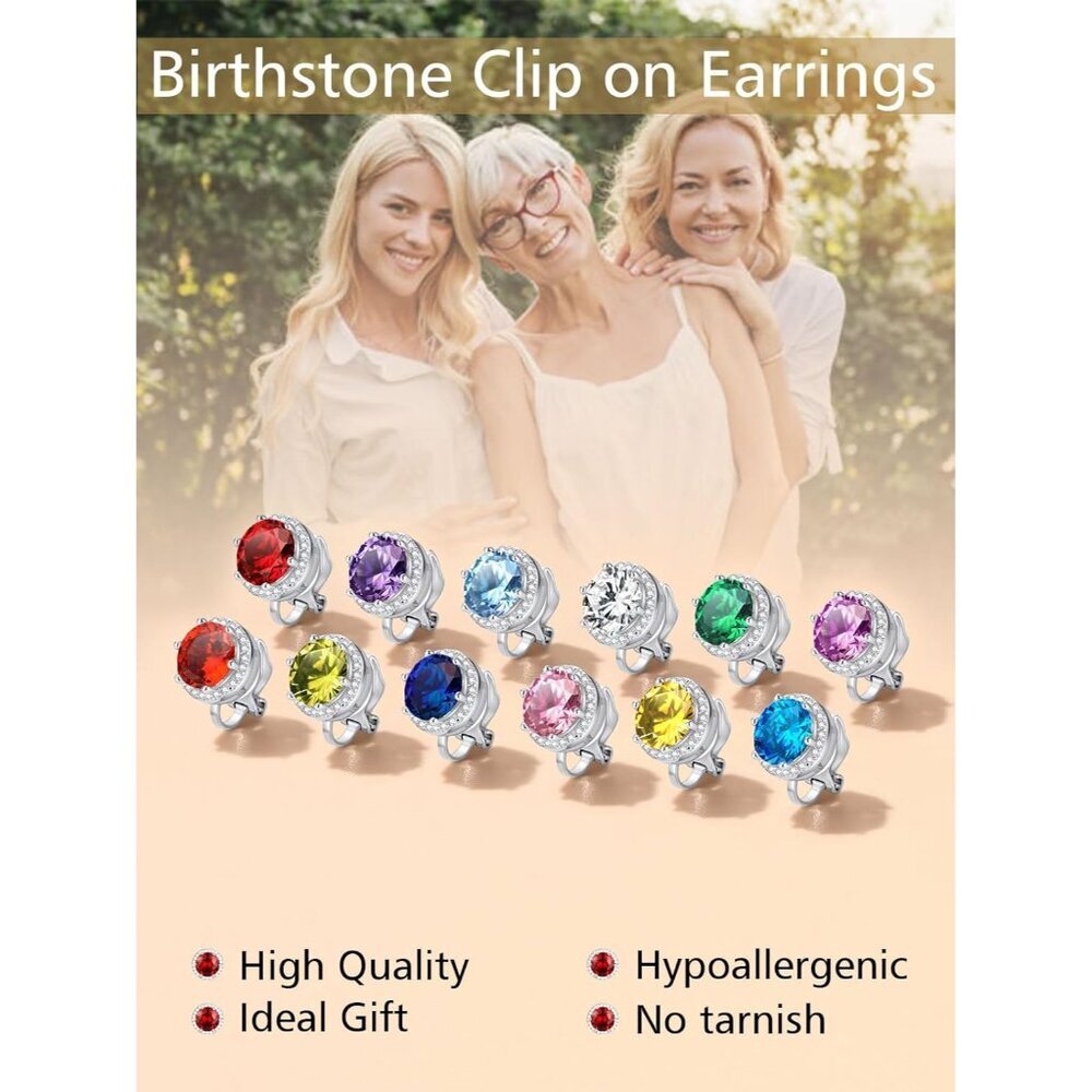 925 Silver Round Birthstone Clip-On Earrings for Women Girls Sparkling Zirconia - Picture 8 of 9